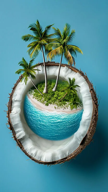 A surreal tropical island inside a halved coconut shell, featuring palm trees, a sandy beach, and blue waters A surreal tropical island inside a halved coconut shell, featuring palm trees, a sandy beach, and blue waters